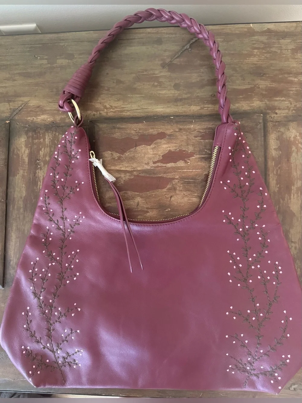 Coldwater Creek Wandering Thyme‎ maroon leather hobo floral embroidered bag